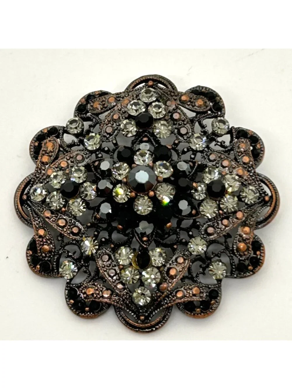 Vintage Filigree Flower Pin Brooch Copper-tone Black Clear Rhinestone Retro Goth
